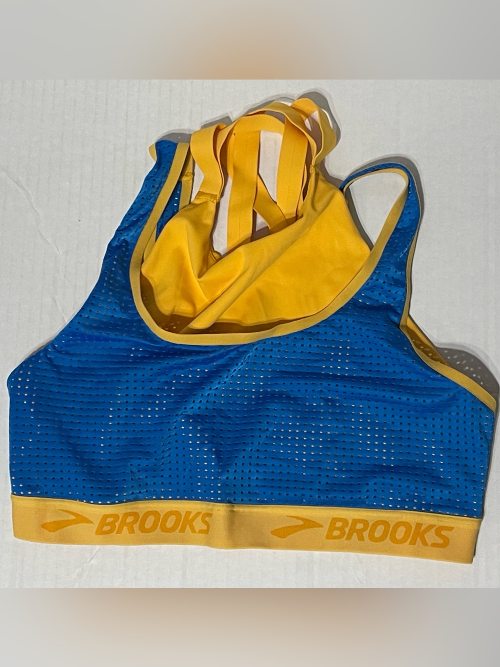 Brooks Drive Mesh Run Bra - Size L - Saffron/Blue Bolt - GUC